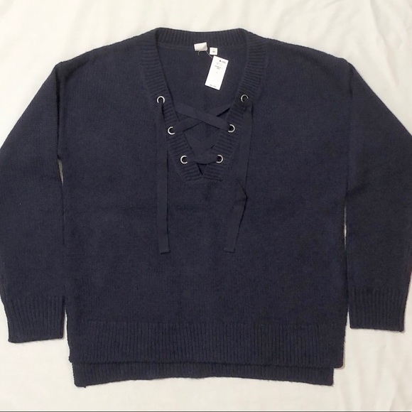 Gap Women’s Chunky Navy Blue Long Sleeve Lace-Up V-Neck Sweater w/Side Slits - L - Picture 9 of 16